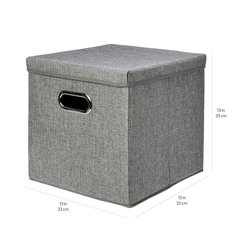 Amazon Basics Foldable Burlap Cloth Cube Storage Bins with Lid, Collapsible Organizing Containers, Stackable and Sturdy, Gray, Set of 2