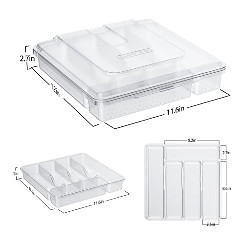 Utensil Holder for Countertop with Lid, Plastic Silverware Tray for Drawer, 5 Compartments Flatware Organizer,Transparent - color: Transparent