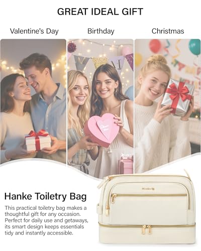 Hanke Travel Toiletry Bag, Lightweight Wide-open Makeup Bag, Dual-Layer Travel Bag for Toiletries Water-Resistant Cosmetic Bags Large Toiletry Bags for Women & Men, Travel Essentials, Off White - color: Off White