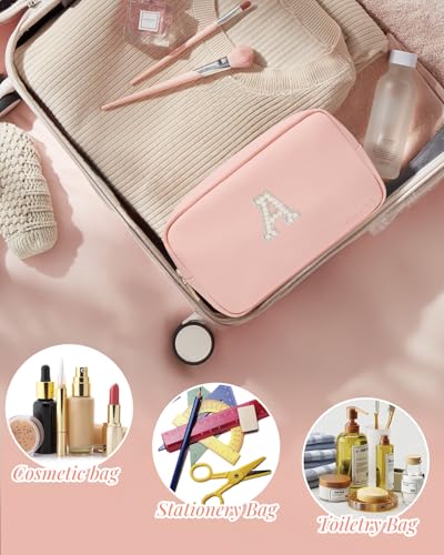 VLANDO Graduation Gifts,Girls Makeup Bag Travel Bag Makeup Pouch for Bridal Shower Gifts Wedding Gift Pearl Patch Makeup Purse for Teen Girls Trendy Stuff Letter A - color: 03-Pink-A