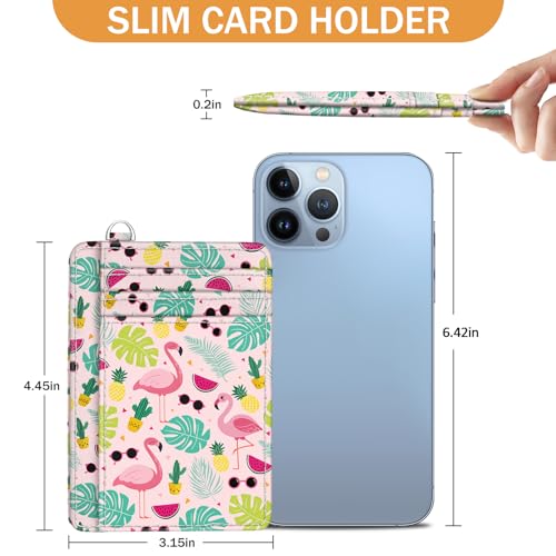 Yonlevres Flamingo Credit Card Holder Slim Wallet Women, Tropical Leaf RFID Blocking Small Wallet Woman, Front Pocket Travel Cute Thin ID Window PU Leather Mini Organizer Case Purse Gift Girls Ladies - color: Flamingo