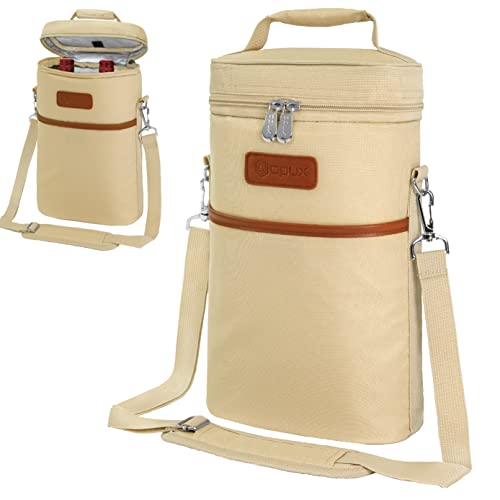 opux 2 Bottle Wine Carrier Tote, Insulated Leakproof Wine Cooler Bag, Wine Travel Bag Tote for Picnic Beach, Portable Wine Bottle Carrying Case, Gift for Wine Lover Women Men Christmas, Cream Beige - color: Cream Beige