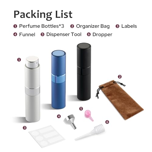 LISAPACK 8ML Atomizer Perfume Spray Bottle for Travel (3 PCS) Empty Cologne Dispenser, Portable Sprayer (Black, Silver, Blue) - color: 3 Colors1