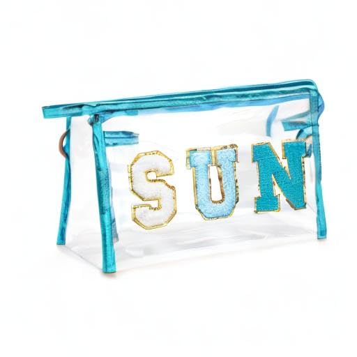 Y1tvei Preppy Patch SUN Varsity Letter Cosmetic Toiletry Bag Transparent PVC Zipper Makeup Bag Clutch Purse Portable Waterproof Travel Organizer Compliant Bag for Women Girls Teens (Blue) - color: Blue SUN Blue