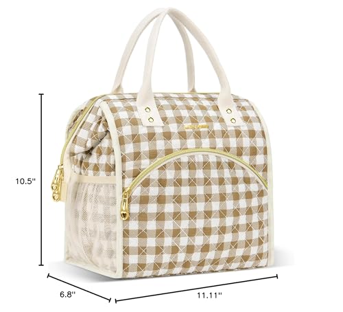 LOKASS Insulated Lunch Bag Women- Reusable 10 L Lunch Box for Women - Leakproof Tote Cooler Bag for Adults Work, Beach, Travel, Picnic (Brown&White Diamond Grid) - color: Brown Check