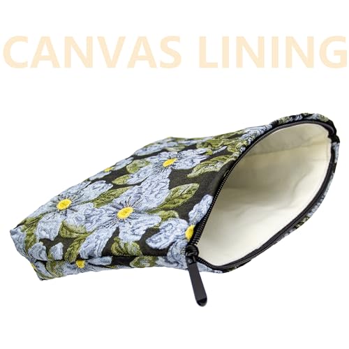 PAZIMIIK Makeup Bag Large Cotton Zipper Pouch for Purse Travel Canvas Make Up Organizer for Women Cosmetic,Brocade Flower Black - color: Brocade Flower Black