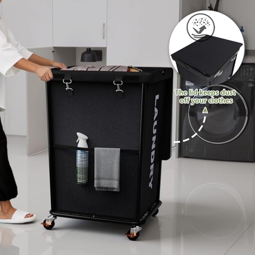 150L Laundry Basket with Lid and Wheels, Rolling Laundry Hamper with Cloth Cover, Laundry Cart with Metal Frame & Removable Bag, Large Dirty Clothes Hampers for Bedroom, Laundry Room Bathroom, Black - color: Black, size: 150L
