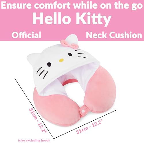 Hello Kitty Girls Teens Travel Pillow with Hood, Memory Foam Cushion Travel Accessories Flight Pillow Neck & Head Support