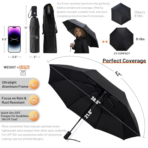 SY COMPACT Travel Umbrella - Windproof Automatic Compact Umbrella for Rain, Lightest 8-Rib, Small, Strong & Portable, Durable Grip, Fits Backpack & Car, Factory Direct (UV Available) - color: Grey