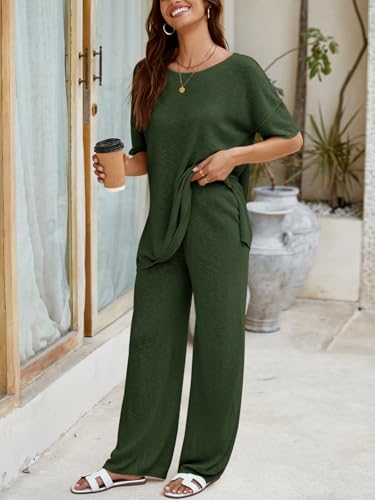 Tankaneo Women's 2 Piece Travel Outfits Casual Short Sleeve Knit Sweater Set Wide Leg Pants Lounge Sets Tracksuit - color: Army Green, size: X-Large
