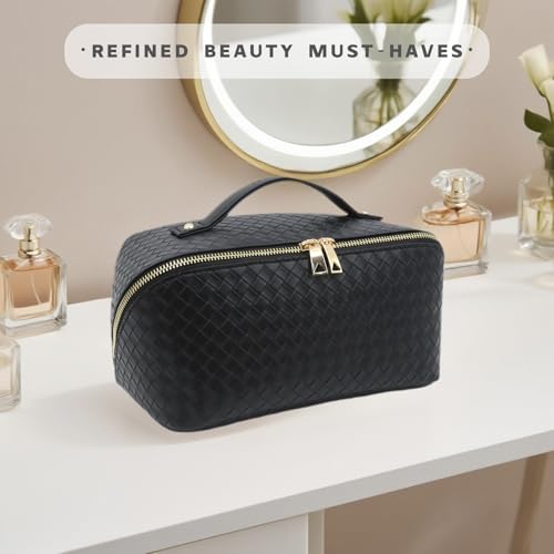 Travel Makeup Bag – Large Cosmetic Organizer with Waterproof PU Leather, Smooth Double Zipper & Tear-Resistant Lining, Toiletry Pouch for Women (Black) - color: 03-Black