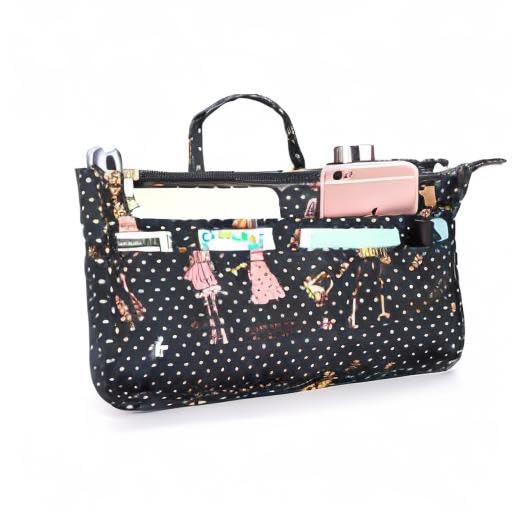 BTSKY Printing Handbag Organizers Inside Purse Insert-High Capacity 13 Pockets Bag Tote Organizer with Handle Fashion Style - color: Black+Pink