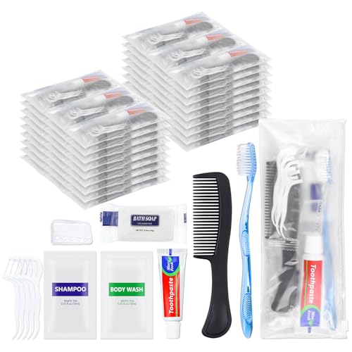 5 Sets Personal Hygiene Kit Basic Toiletry Kits Homeless Supplies Bulk for Travel,Charity,Business Include 5 Toothbrush, 5 Toothpaste, 5 Comb, 5 Bath Soap, 5 Shampoo,5 Body Wash, 25 Floss Picks - size: Pack of 5