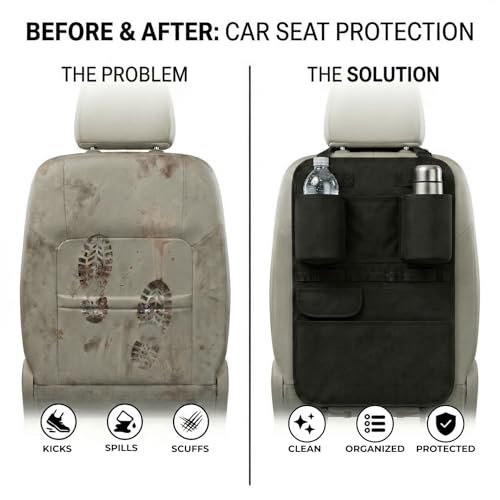 Swigzy Premium Seat Back Organizer Water Bottle Holder & Kick Mat Protector | Large Water Bottle Holders, Cordura Nylon, Laptop Pocket, Sag-Free Adjustable Fit