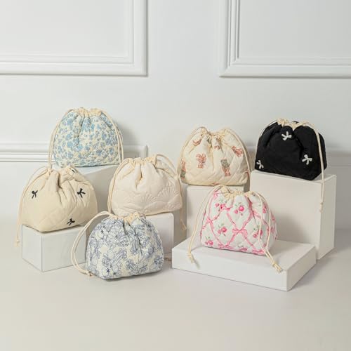 Cotton Quilted Drawstring Makeup Bag with Canvas Lining,Coquette Aesthetic Cute Travel Toiletry Bag,Drawstring Gift Bag for Women and Girls(02Light Blue Flower) - color: 02Light Blue Flower