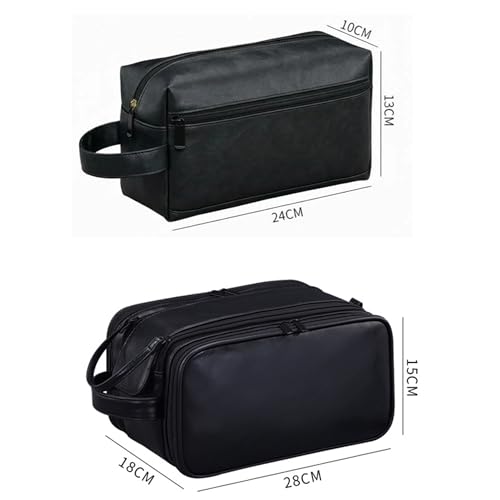 2 Pack Men's Toiletry Bag Pu,Travel Toiletry Organizer, Waterproof Shaving Kit Pouch For storing daily essentials like toiletries and cosmetics,Black (Leather Black) - color: Leather Black