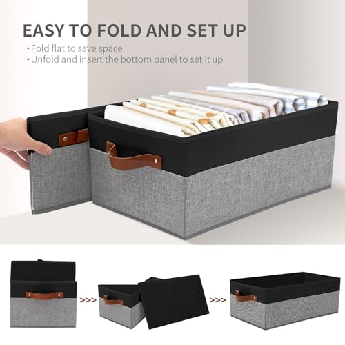 3 Pack Large Capacity Storage Bins Closet Organizer for Shelves, Fabric Closet Storage Baskets Boxes with Leather Handles for Organizing Clothes, Sheets, Jeans, Toys, Books (Black and Grey) - style: 3 Pack Black & Grey