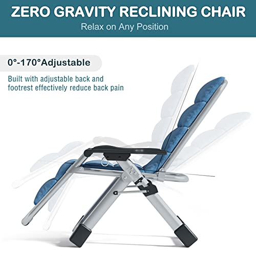NAIZEA Padded Zero Gravity Chair, Folding Outdoor Lounge Chairs, Adjustable Reclining Camping Chairs with Cup Holder, Ergonomic Patio Lawn Chair for Balcony Beach Deck Yard - color: Linen Blue, style: Zero Gravity Chair