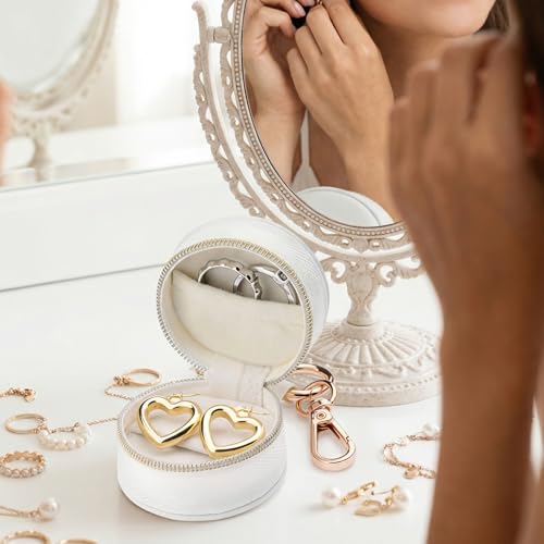 Portable Ring Holder Keychain, Mini Sports Jewelry Holder Box, Small Travel Ring Earring Stud Necklace Storage Case (White) - color: White