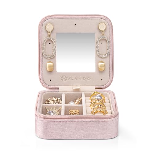 VLANDO Small Travel Jewelry Box Organizer Display Case for Rings Earrings Necklaces Storage, Selected Soft Velvet, Letter E Engraved, Pink - color: b. Powder Pink E