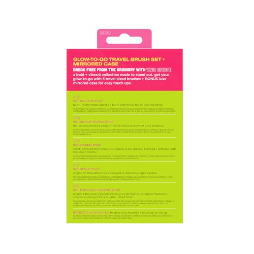 Real Techniques Vivid Escape Glow-To-Go Travel Makeup Brush 6 Piece Set, Mini Size Makeup Brushes for Eyeshadow, Concealer, Contour, & Blush, Includes Mirror Cosmetic Case, Cruelty-Free & Vegan - size: 1 Count (Pack of 6)