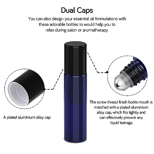 PrettyCare 10 ml 4 Pack Essential Oil Roller Bottles with Stainless Steel Roller Ball - Refillable Leak-proof Empty Thick Blue Glass Roll on Bottles with Black Caps for Travel, Perfume - color: Blue with Black Cap, size: 4 Pack