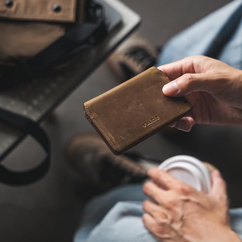 VULKIT Slim Minimalist Card Holder RFID Blocking Leather Credit Card Holder Front Pocket Wallet Magnetic Closure, Handcrafted Cowhide Version - color: Handicrafts Cowhide- Espresso