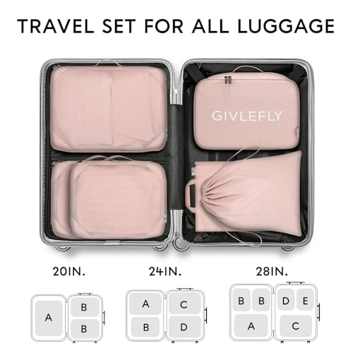 GIVLEFLY Compression Packing Cubes for Travel, 6-Piece Lightweight Luggage Organizer Bags, Space Saving Suitcase Packing Set for Women - color: Pink