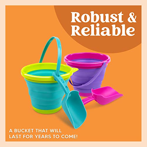 JOYIN Foldable Beach Bucket Set - 3 Packs Collapsible Toy Buckets with Shovels and Mesh Backpack for Kids Toddlers Party, Camping Gear, Travelling, Fishing Water Pail (Pink/Purple/Green) - color: Pink/Purple/Green