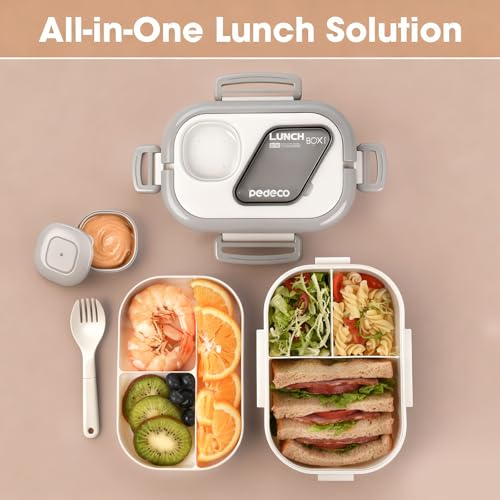 PEDECO White Bento Box with Bag for Adult Kid, Leakproof 2-Layers Stackable | Insulated bag and sauce pod,2-tier stackable 1100ml ,Microwave & dishwasher safe, BPA-free,For school, work, travel, picnic - color: White