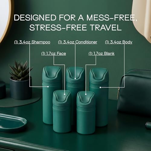 RIES Essential Refillable Toiletry Travel Bottles – Set of 5 (3.4oz & 1.7oz) Airless Pump Containers for Shampoo, Conditioner, Body, Face – Leak-Proof, TSA-Approved, Dishwasher Safe- Escapade Green - color: Escapade Green