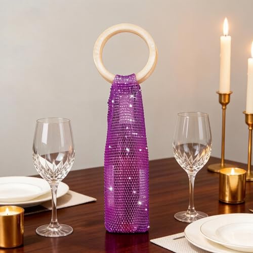Wine Pouch Mesh Bag, Resin Handle Wine Bag, Sparkly Rhinestone Handwoven Mesh Bags, Party Water Bottle Bags Accessory, Daily Housewarming Party Use - color: Purple