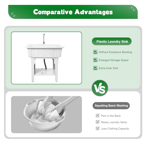 Freestanding Plastic Laundry Sink with Washboard, Indoor Outdoor Utility Sink with Cold and Hot Water Faucet, Hoses and Drain Kit for Laundry Room, Garage, Garden (31.5×22.05×31.5 Inch) - color: White, 31.5 x 22.1 x 31.5in