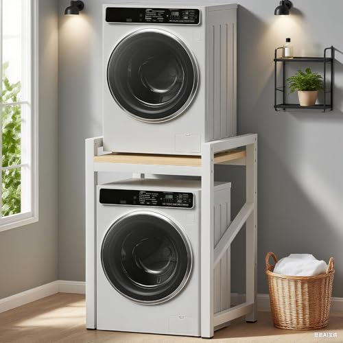 Washer Dryer Stacking Rack Kit 29.5in, Over the Washer and Dryer Storage Shelf for Laundry Room, Bathroom, Heavy Duty, Height Adjustable, 1.2mm Wall Thickness 660lbs Capacity (White, 29.5in) - color: White