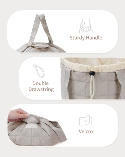 Narwey Lay Flat Open Drawstring Makeup Bag, Large Quilted Cosmetic Bag for Women Girls, Cute Make up Bags with Handle, Portable Travel Toiletry Bag for Skincare, Brushes & Travel Essentials (Khaki) - color: B-Quilted Khaki
