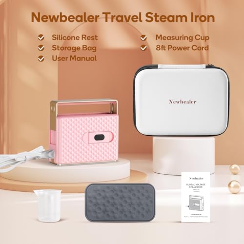 Newbealer 100-240V Travel Steam Iron, 2in1 Handheld Steamer, 120ml (Pink) | Compact for Global Trips & Vacations, Non-Stick Ceramic Soleplate, Heats in 20s, 360° Steaming Anti-Spill, Auto-Off, 1.5 lbs - color: Pink