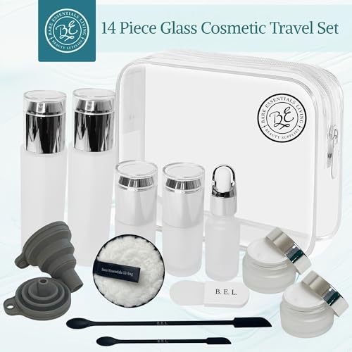 14 Pcs Glass Travel Skincare Containers Set-TSA Approved Toiletry Bag & Glass Travel Bottles for Toiletries Pump, Spray & Dropper Bottles Travel Size for Foundation, Serum Moisturizer Oil & Cream