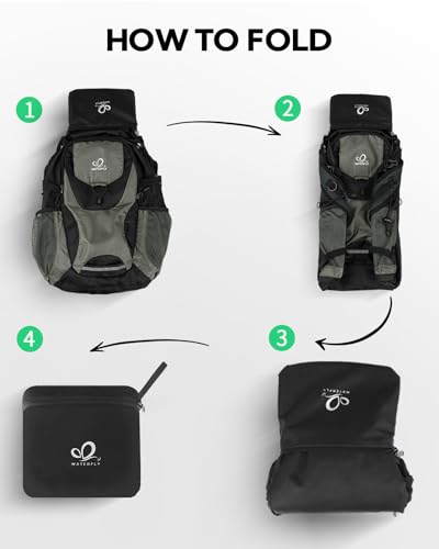 WATERFLY Lightweight Packable Hiking Backpack: 30L Foldable Travel Daypack Ultralight Camping Day Pack for Woman Man - color: Black & Grey