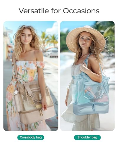 BAGSMART Beach Bag for Women, Mesh Tote Bags with Zipper, Sandproof Vacation Essentials with Cooler for Swim Cruise Pool - color: Green