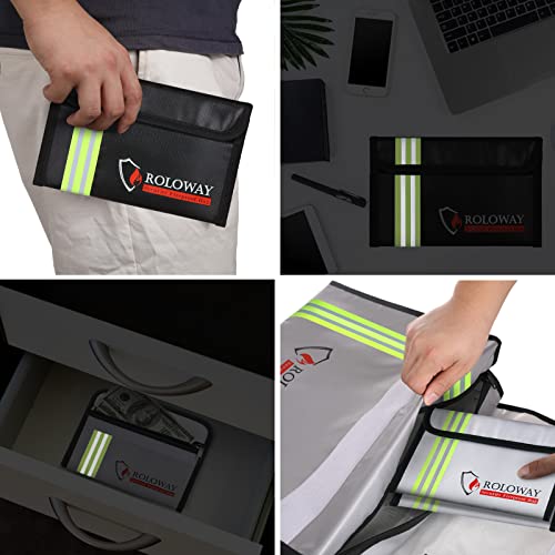 ROLOWAY Small Fireproof Bag (5 x 8 inches) with Reflective Strip, Fireproof Money Bag for Cash, Valuables, Passport, Currency & Keys (2-Pack) - size: 8 x 5 inch, style: Silver & Black With Reflective Strip