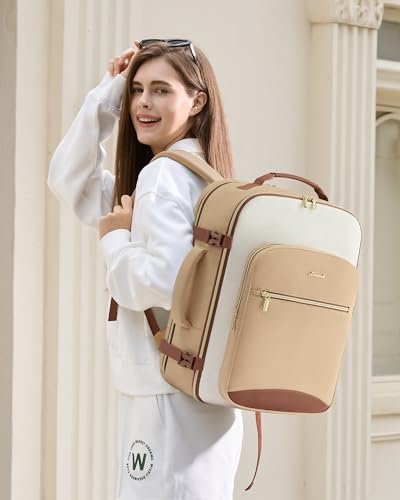 LOVEVOOK 40L Travel Backpack for Women & Men, Airline Approved Carry On Luggage with 3 Packing Cubes, TSA Overnight Bags, Waterproof Personal Item Bag, Weekender Essentials Backpacks fits 17" Laptop - color: Beige Yellow-beige-brown, size: Large