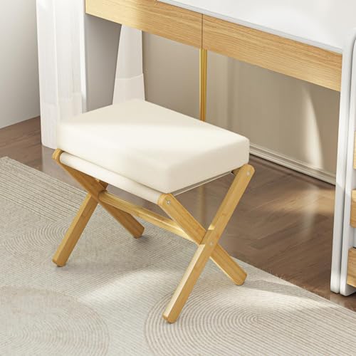 BAMBOOHOMIE Foldable Foot Stool Ottoman, Modern Foot Rest with Bamboo X Legs & Thick Foam Cushion, Folding Foot Stools Small Padded for Bedroom Living Room, Footstool for Chair Couch (Natural - Beige) - color: Natural - Beige