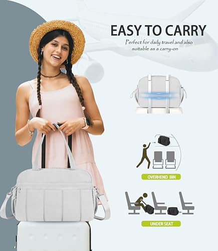 Lightweight Travel Duffle Bag for Women, Quilted Puffy Weekender with Wet Pocket for Gym, Overnight, Personal Item Carry On, Light Grey - color: Light Grey
