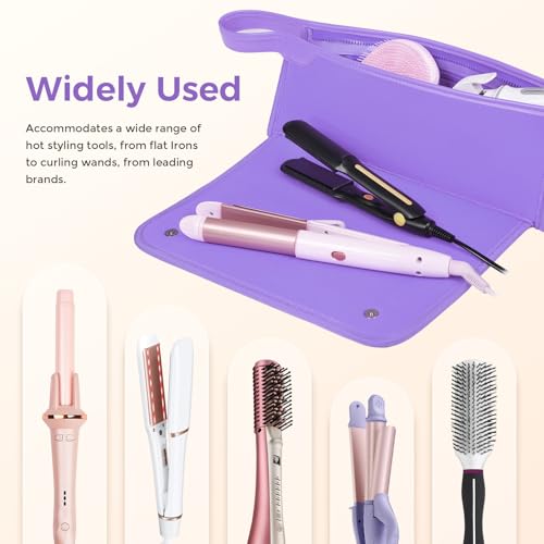 JKAOO Hair Tools Travel Bag and Heat Resistant Mat, 2 in 1 Portable Organizer Hair Travel Case for Curling Iron, Hair Straightener, Flat Irons, PU Hangable Handle, Neoprene (Purple) - color: Purple