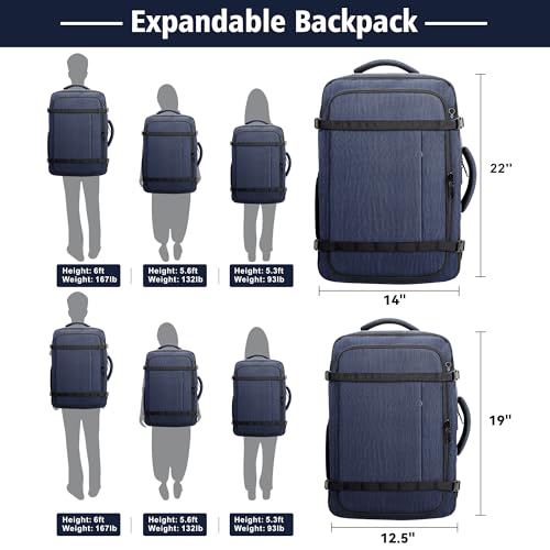 Flight Approved Travel Backpack with LifetimeWarranty,Expandable Carry on Backpack 40-50L with Cable Access Port,Fits 17.3"Laptop,Flight TSA friendly,Anti Theft Laptop Backpack Travel,Commuting,Blue - color: Blue, size: 17.3inch (19"x12.5"x8.5")