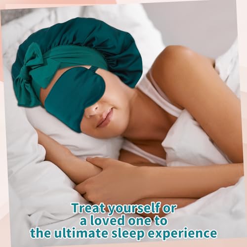 Satin Bonnet Set, Hair Bonnet for Sleeping Silk Bonnet with Eye Mask for Women Curly Hair - color: Peacock Blue