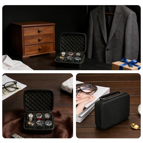 Hard Shell Watch Cases,6-Slot Watch Storage Organizer, Travel Watch Cases for Men and Women, Portable Display & Protection Box for Watches (Black)