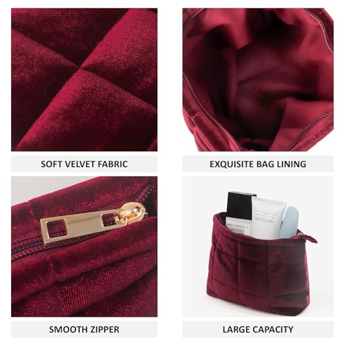 Puffy Quilted Makeup Bag, Cosmetic Bag, Travel Toiletry Organizer Pouch, Clutch for Women(Wine Red - Velvet) - color: Wine Red - Velvet