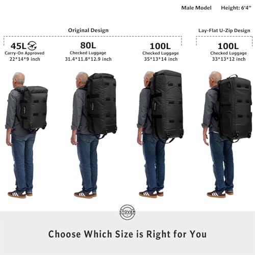 STOVER 45/80/100L Carry-On Rolling Duffel Bag with Wheels, Medium Durable Travel Duffle w/Toiletry Bag, Packable, Foldable with Shoulder Straps- Use as Luggage or Backpack, Men/Women (Black) - color: Black