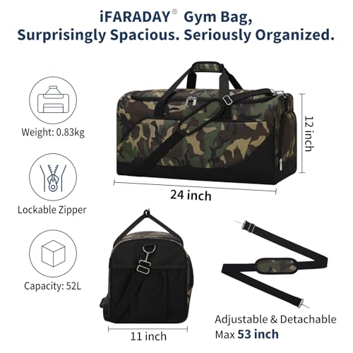 iFARADAY Men's Gym Bag with Shoe Compartment, 24 inch, Camo | 52L, Multi Pockets, Sport Duffle Bag, Travel, Fitness & Workout - color: Camouflage